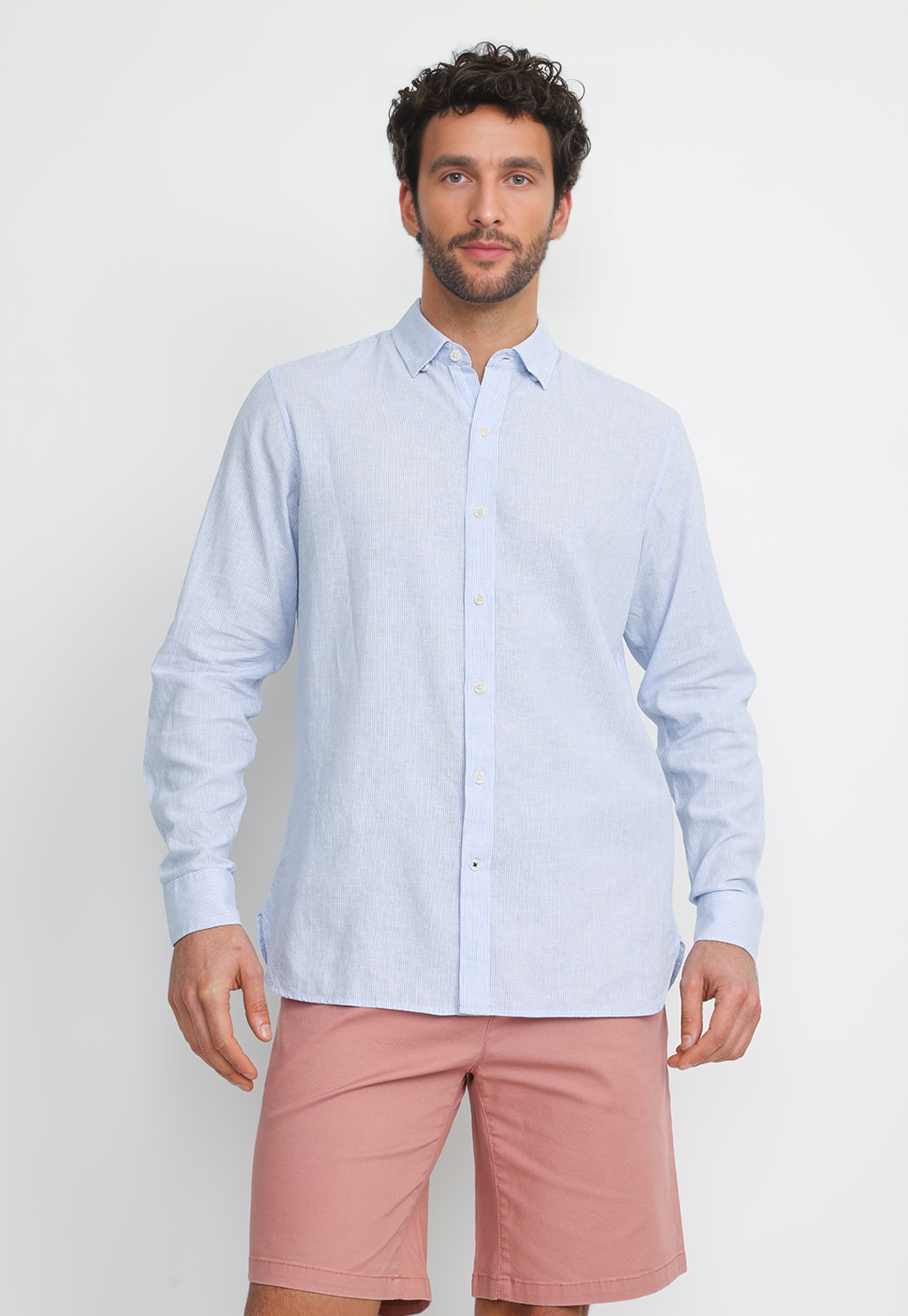 CAMISA RAYADA LINO ALGODON BRUNO CELESTE - 1