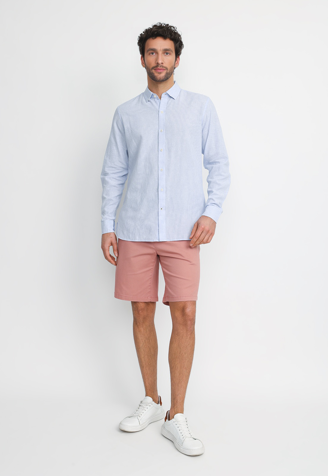 CAMISA RAYADA LINO ALGODON BRUNO CELESTE - 4