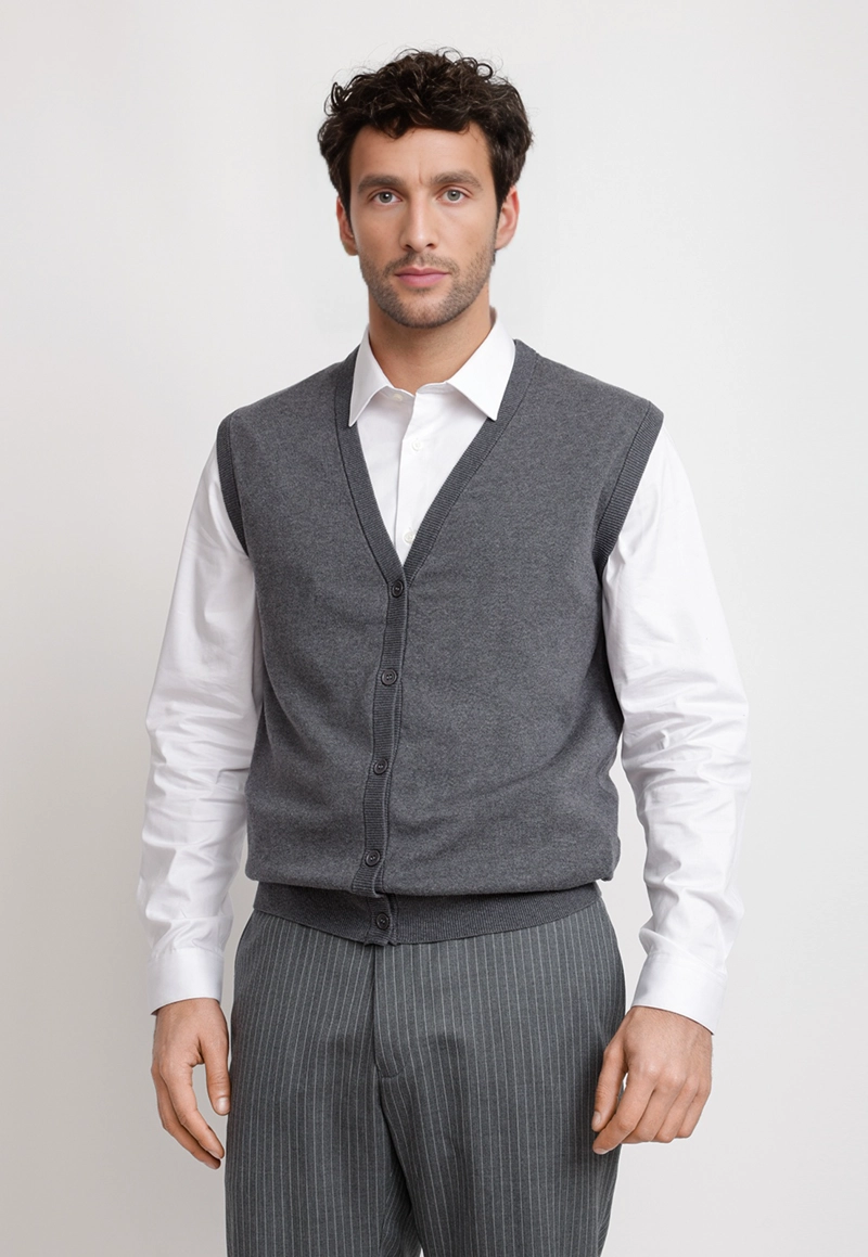 CARDIGAN HOMBRE FORMAL SIN MANGAS ALGODON SEDA GRIS - 1