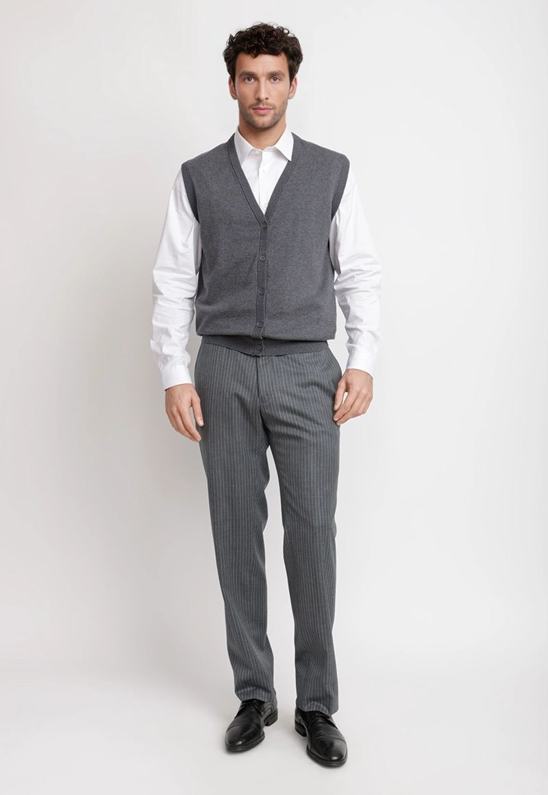 CARDIGAN HOMBRE FORMAL SIN MANGAS ALGODON SEDA GRIS - 4