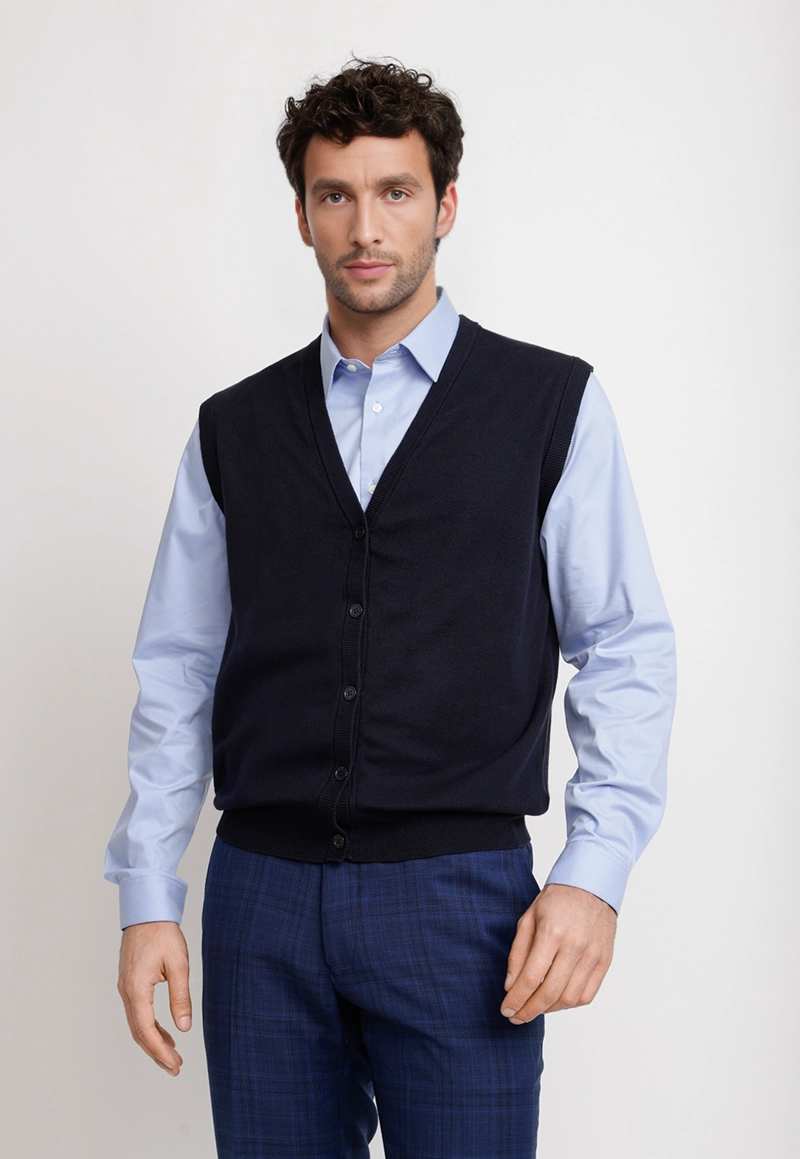 CARDIGAN HOMBRE FORMAL SIN MANGAS ALGODON SEDA AZUL MARINO - 1