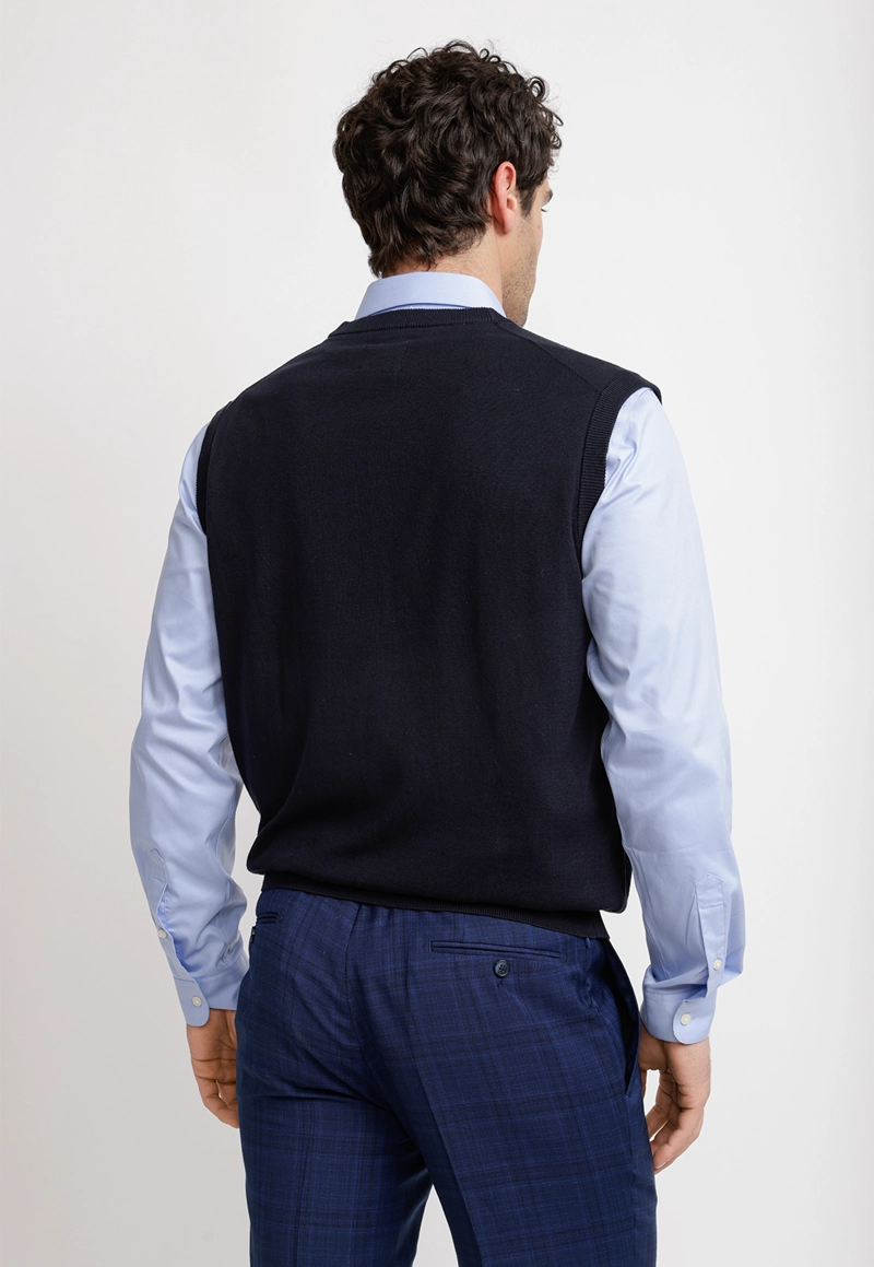 CARDIGAN HOMBRE FORMAL SIN MANGAS ALGODON SEDA AZUL MARINO - 2