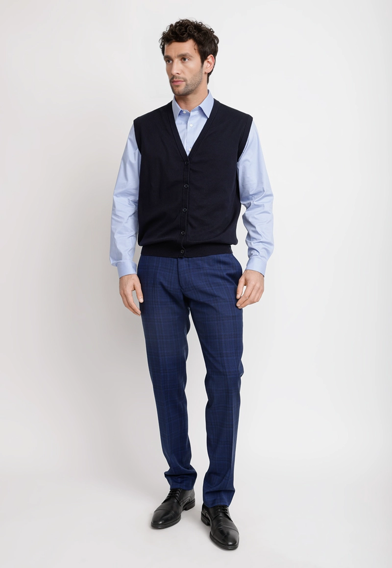 CARDIGAN HOMBRE FORMAL SIN MANGAS ALGODON SEDA AZUL MARINO - 4