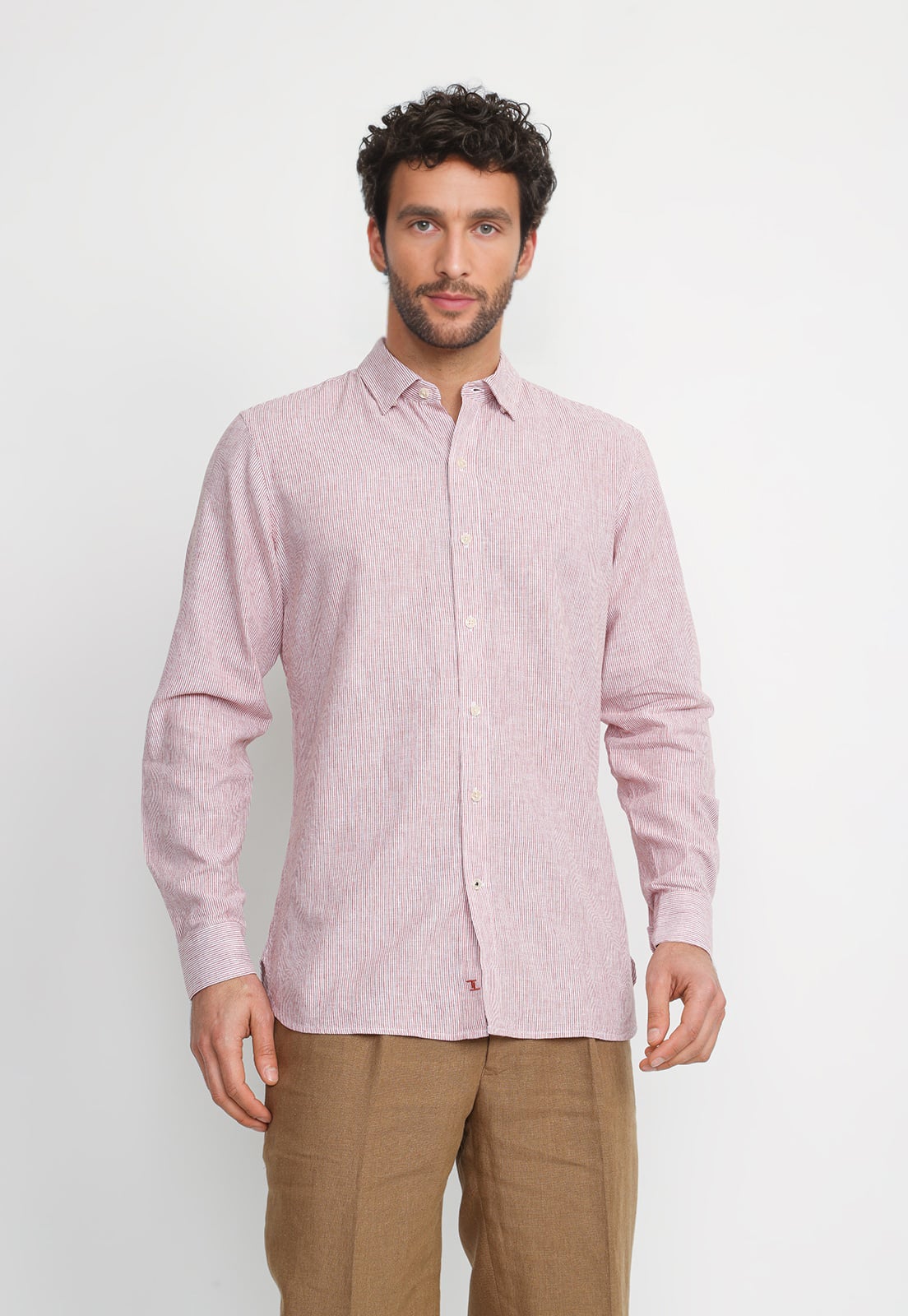 CAMISA RAYADA LINO ALGODON BRUNO NARANJO - 1
