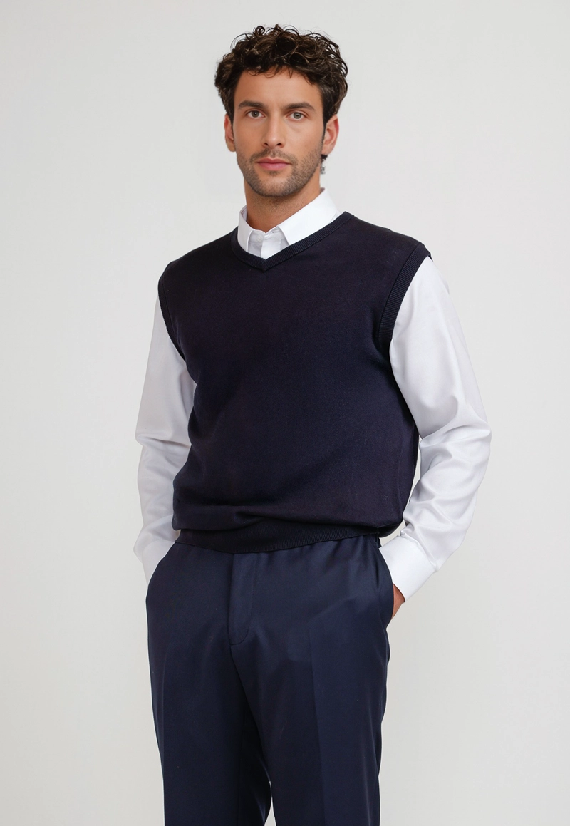 SWEATER CUELLO V SIN MANGAS ALGODON SEDA AZUL MARINO - 1