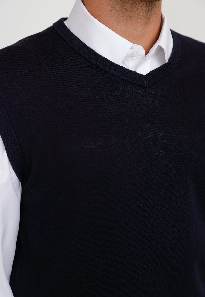 SWEATER CUELLO V SIN MANGAS ALGODON SEDA AZUL MARINO - 3