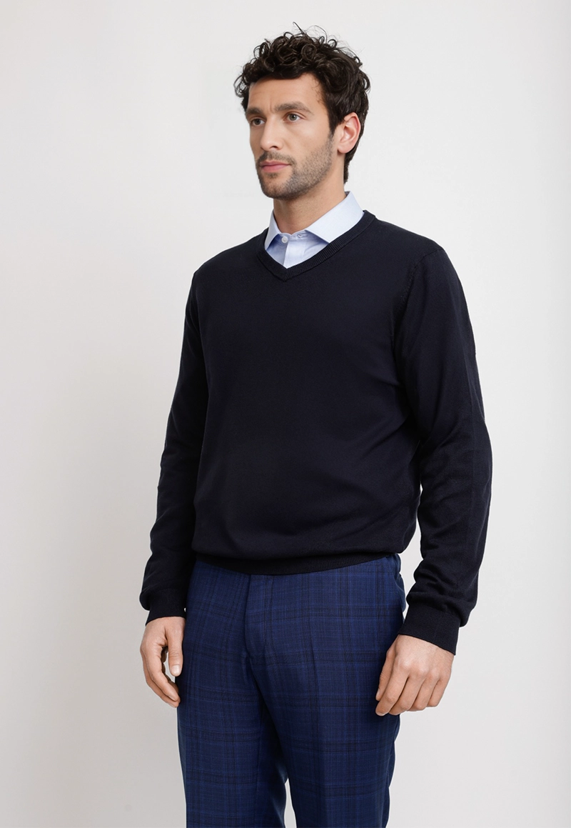 SWEATER CUELLO V ALGODON SEDA AZUL MARINO - 1