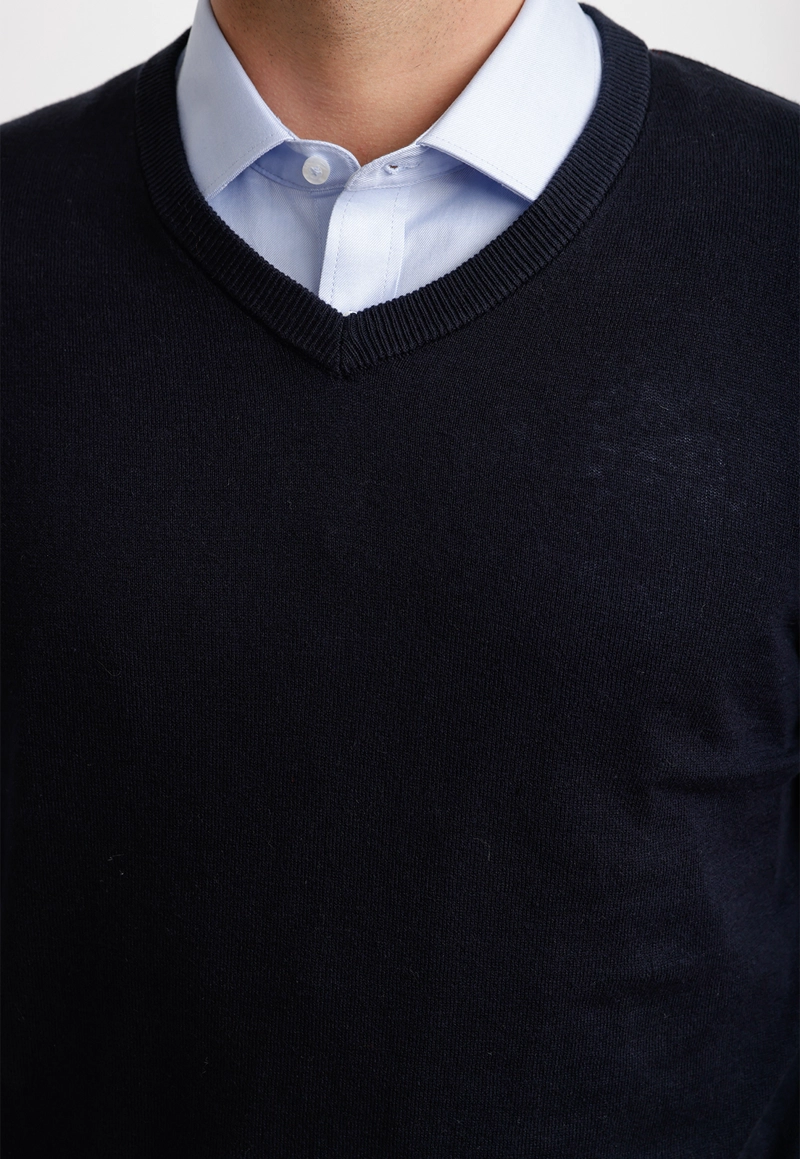 SWEATER CUELLO V ALGODON SEDA AZUL MARINO - 3