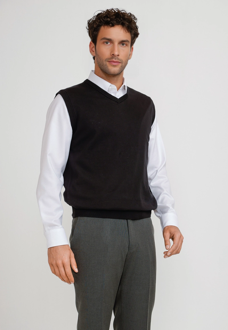 SWEATER CUELLO V SIN MANGAS ALGODON SEDA NEGRO - 1