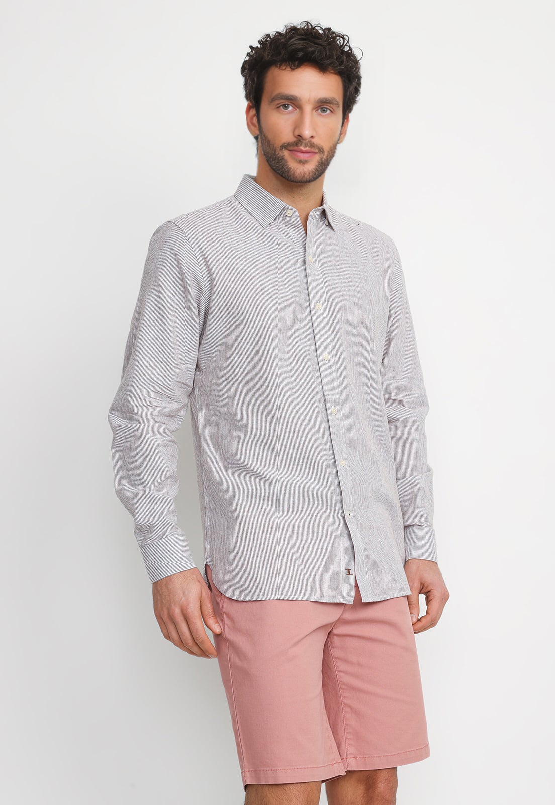 CAMISA RAYADA LINO ALGODON BRUNO BEIGE - 1