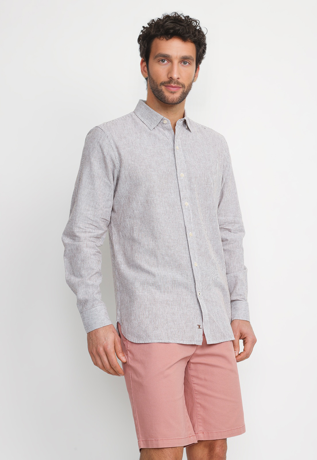 CAMISA RAYADA LINO ALGODON BRUNO BEIGE - 1