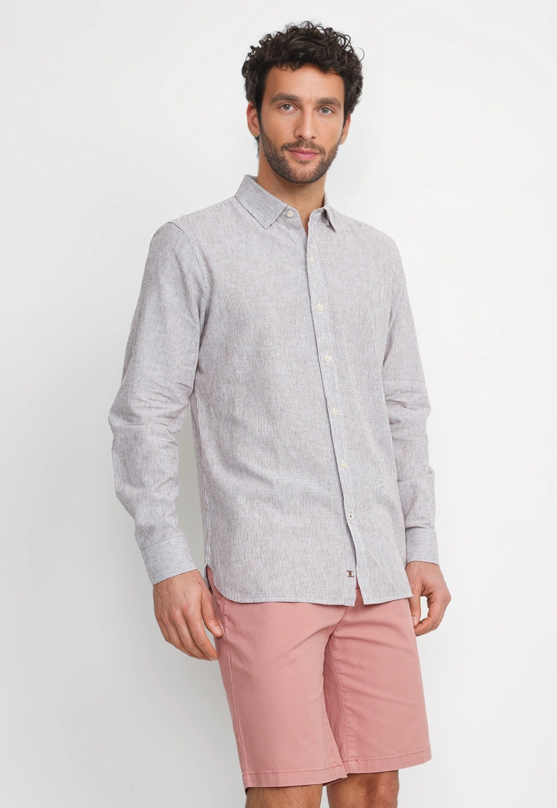 CAMISA RAYADA LINO ALGODON BRUNO BEIGE - 1