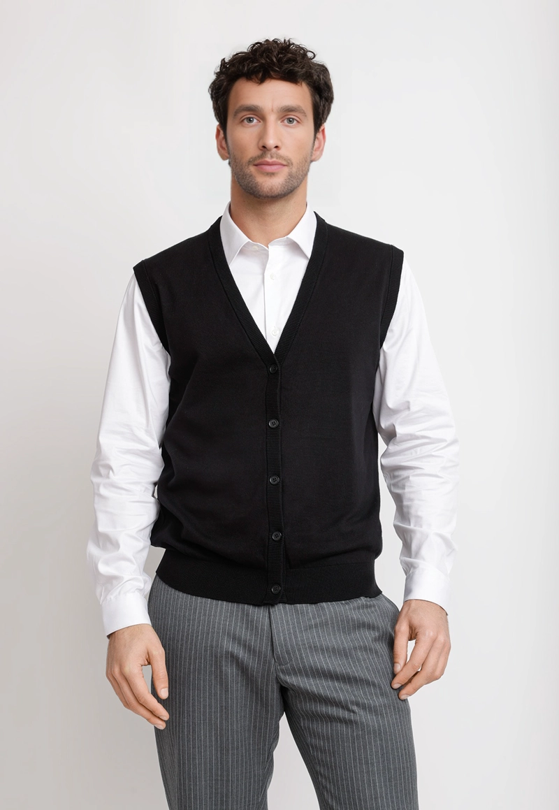 CARDIGAN HOMBRE FORMAL SIN MANGAS ALGODON SEDA NEGRO - 1