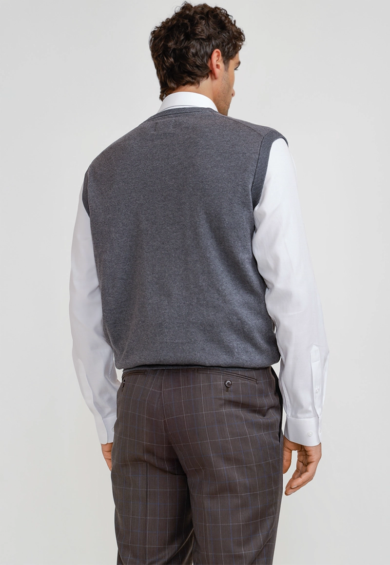 SWEATER CUELLO V SIN MANGAS ALGODON SEDA GRIS - 2