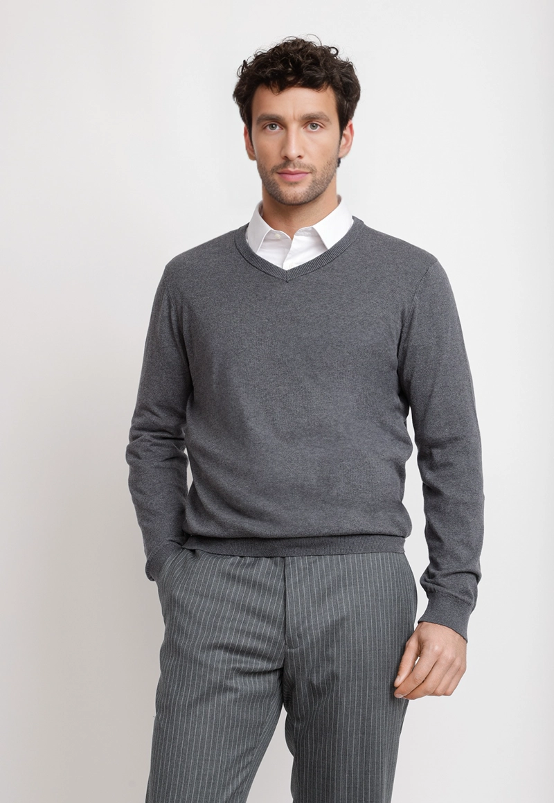 SWEATER CUELLO V ALGODON SEDA GRIS - 1