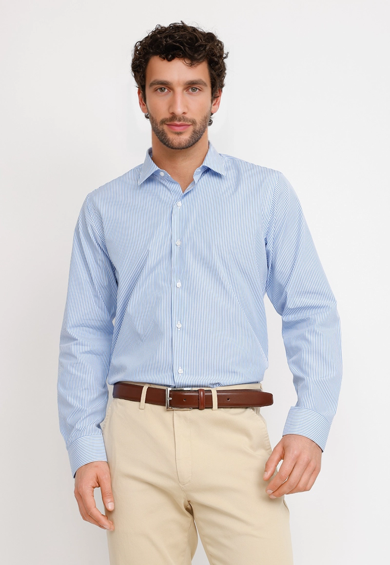 CAMISA RAYADA ALGODON EUROPE CELESTE - 1