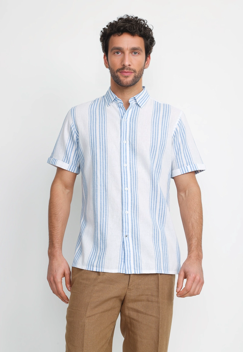 CAMISA RAYADA LINO ALGODON BLASCO CELESTE - 1