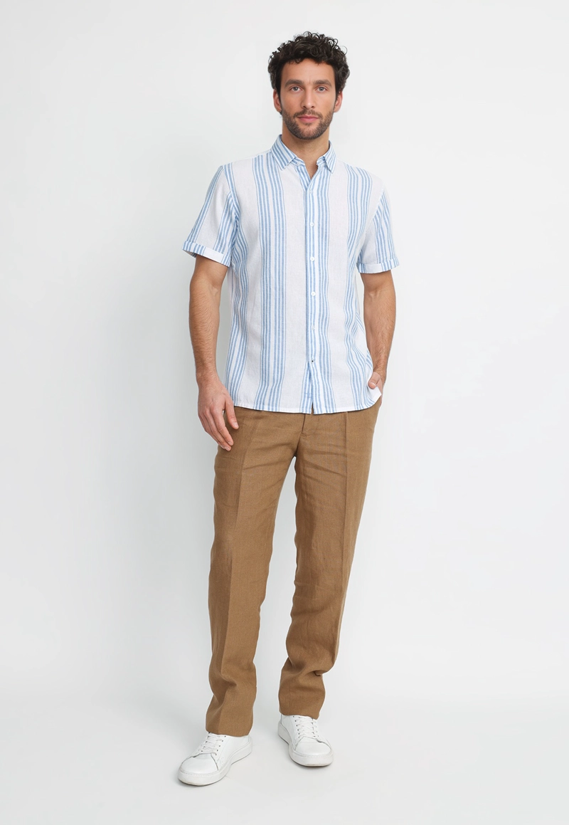 CAMISA RAYADA LINO ALGODON BLASCO CELESTE - 4