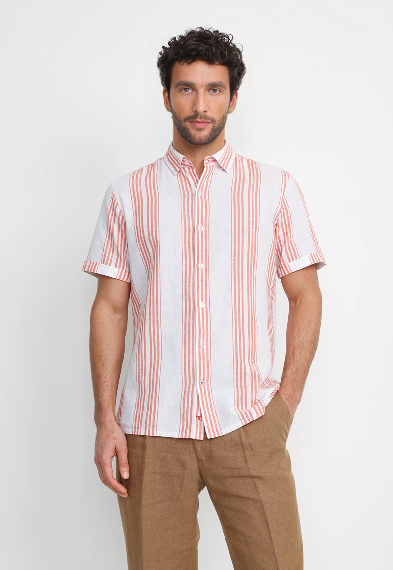CAMISA RAYADA LINO ALGODON BLASCO CORAL - 1