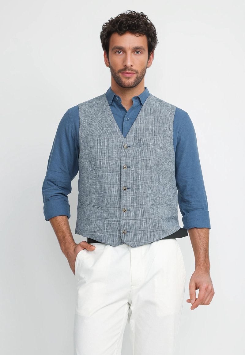 GILET HOMBRE LINO ALGODON CADEN AZUL MARINO - 1