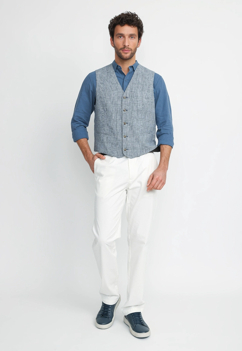GILET HOMBRE LINO ALGODON CADEN AZUL MARINO - 4