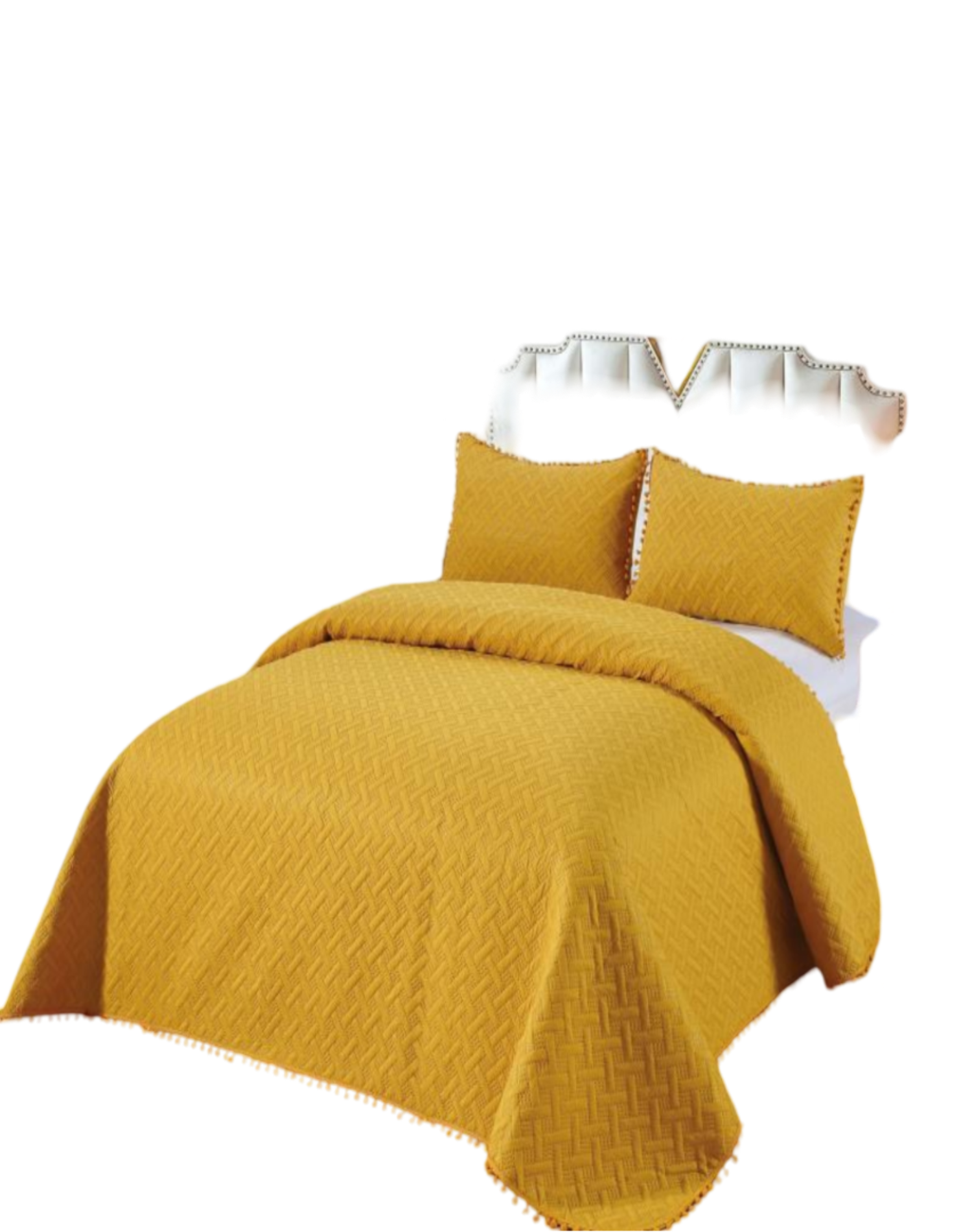 CUBRECAMA 2 PLAZAS ALGODÓN MOSTAZA VERANO CON POMPONES ESTILO FRESCO Y ELEGANTE L7 - 1