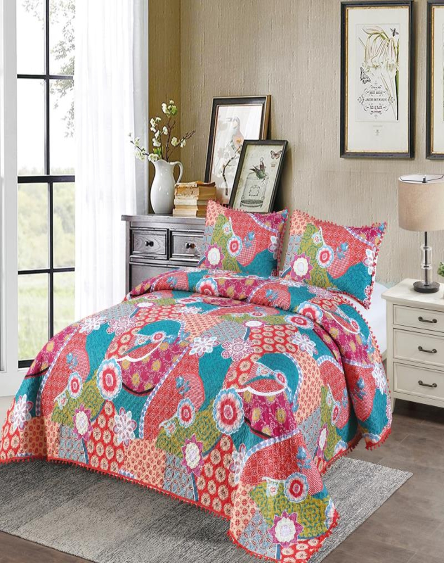 CUBRECAMA 2 PLAZAS ALGODÓN MULTICOLOR LIGERO VERANO CON POMPONES ELEGANCIA IDEAL D5 - 2