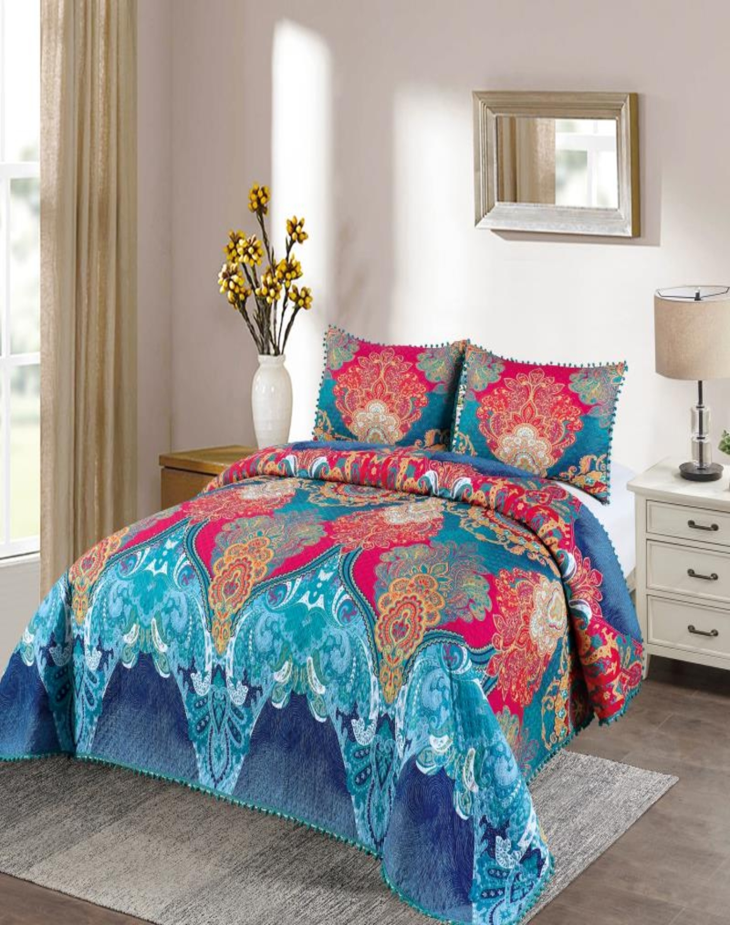 CUBRECAMA 2 PLAZAS ALGODÓN MULTICOLOR LIGERO VERANO CON POMPONES ELEGANCIA IDEAL D7 - 3