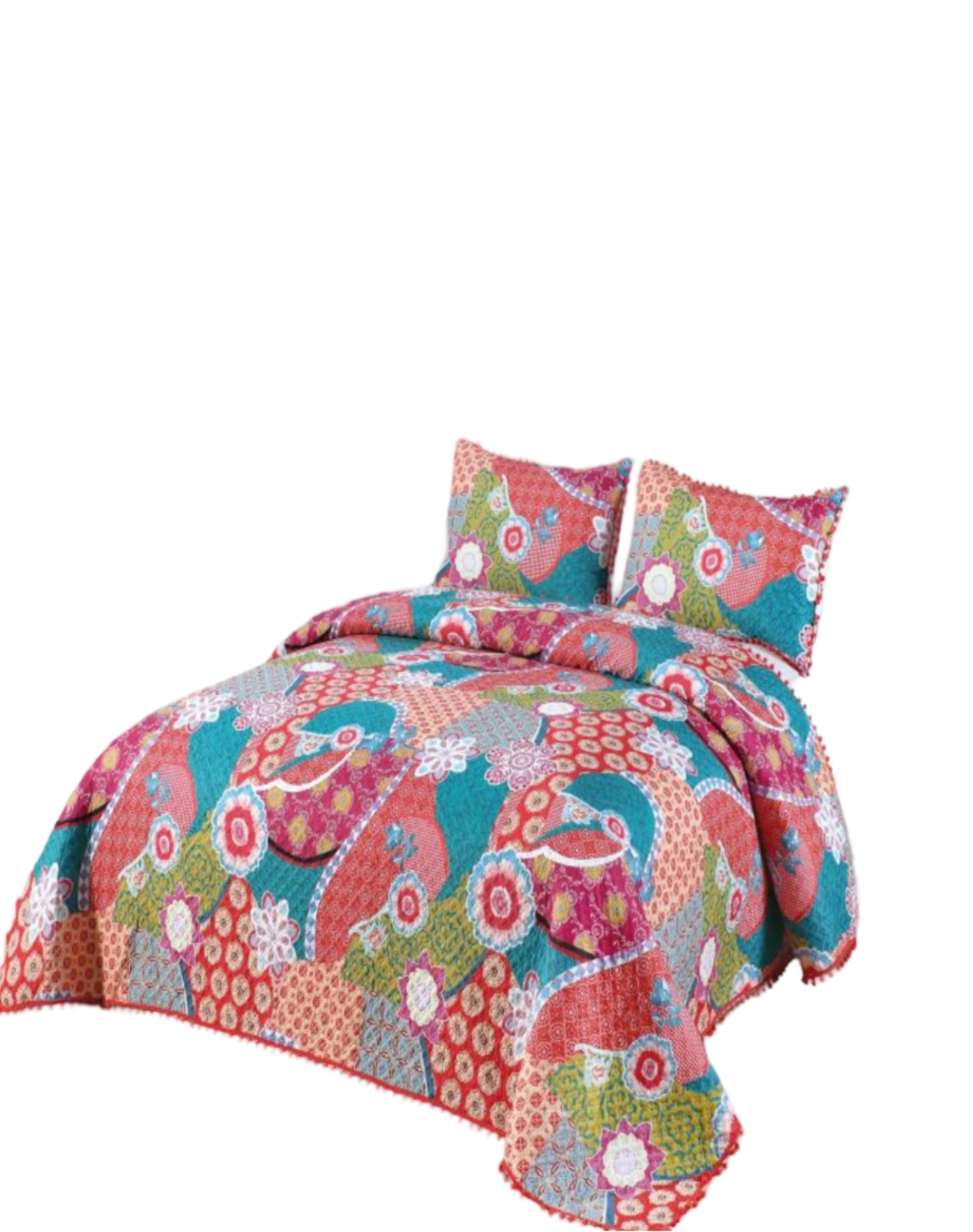 CUBRECAMA KING ALGODÓN MULTICOLOR LIGERO VERANO CON POMPONES ELEGANCIA IDEAL D5 - 1