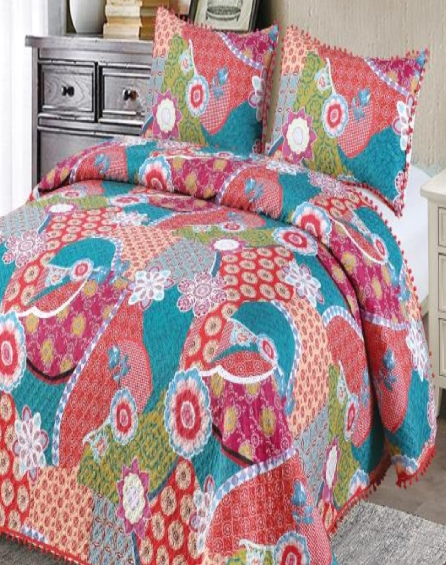 CUBRECAMA KING ALGODÓN MULTICOLOR LIGERO VERANO CON POMPONES ELEGANCIA IDEAL D5 - 3