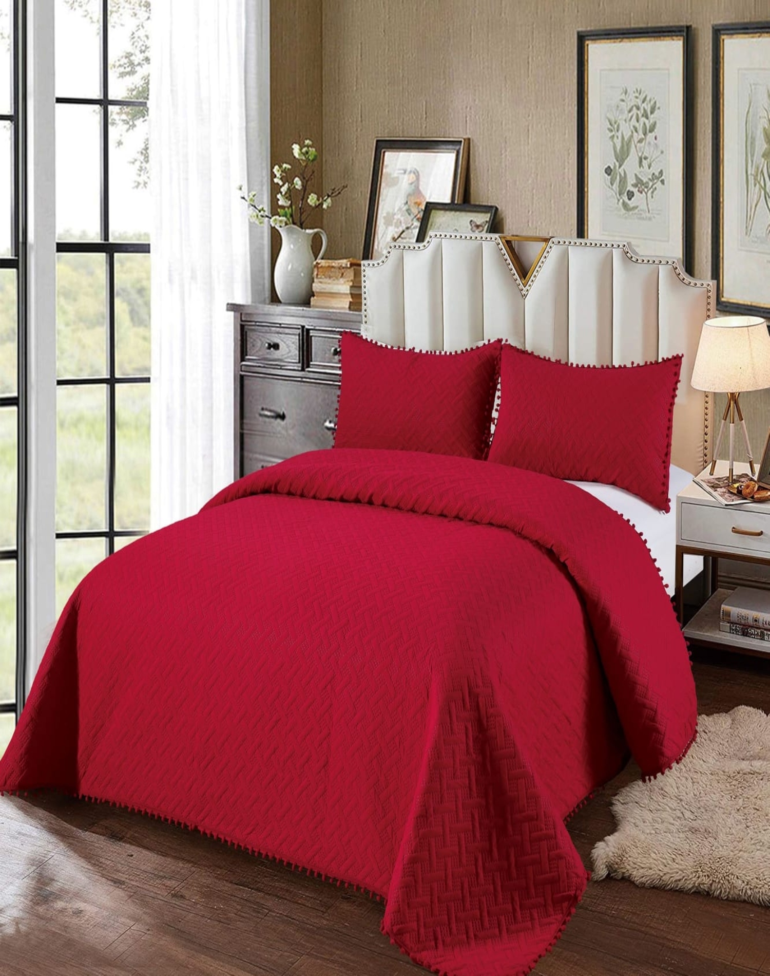 CUBRECAMA 1.5 PLAZAS ALGODÓN ROJO VERANO CON POMPONES ESTILO FRESCO Y ELEGANTE L2 - 3
