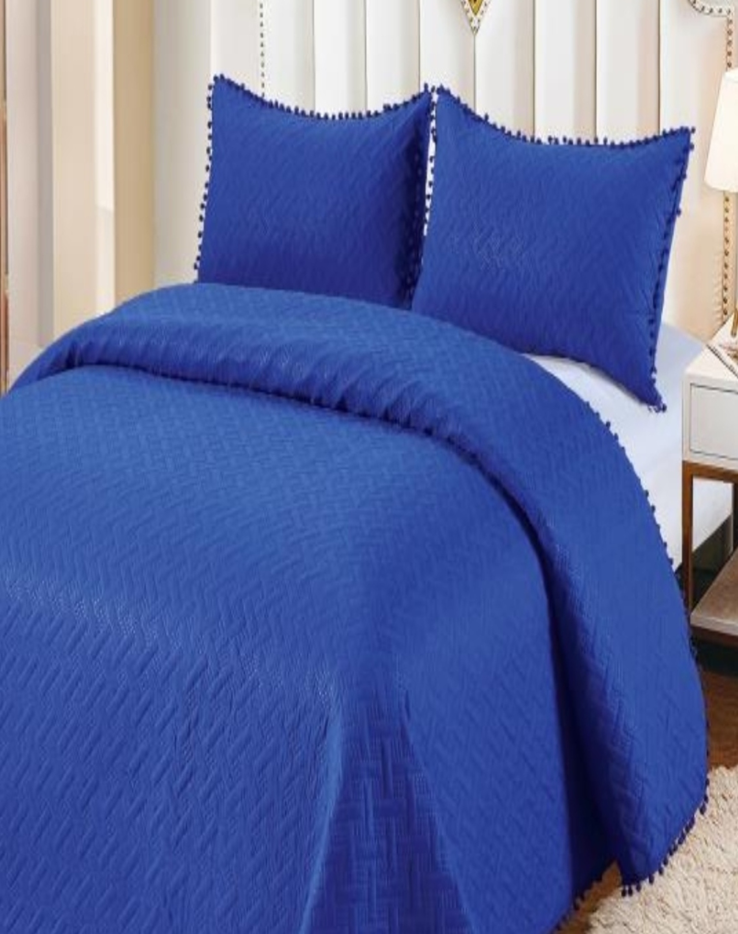 CUBRECAMA KING ALGODÓN AZUL VERANO CON POMPONES ESTILO FRESCO Y ELEGANTE L5 - 3