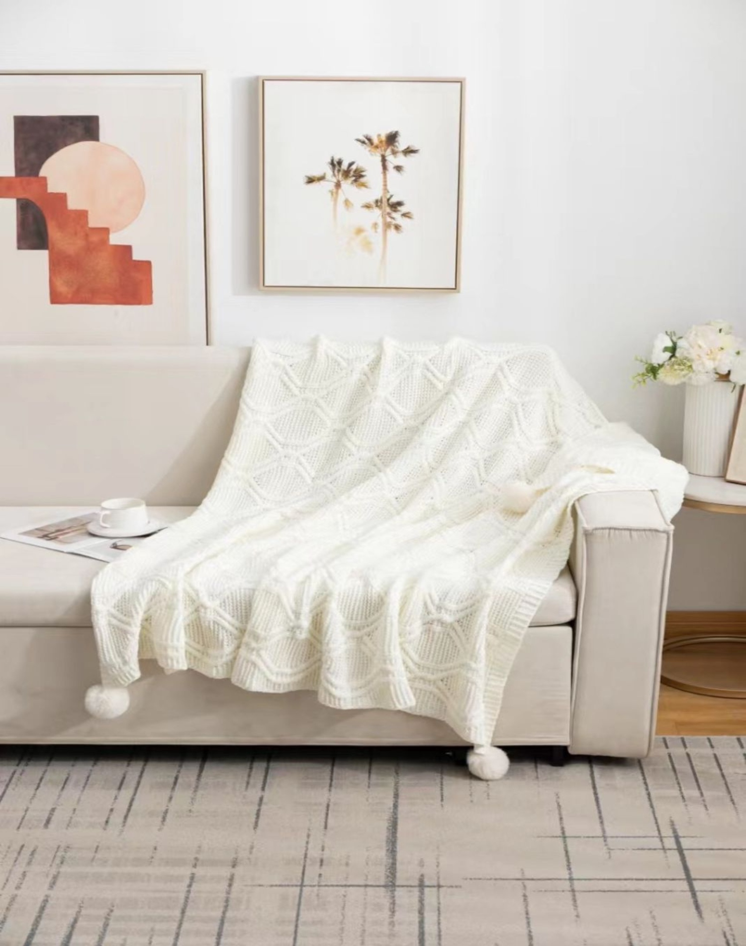 MANTA SUAVE POMPONES ESTILO COMODIDAD D2 BLANCO - 3