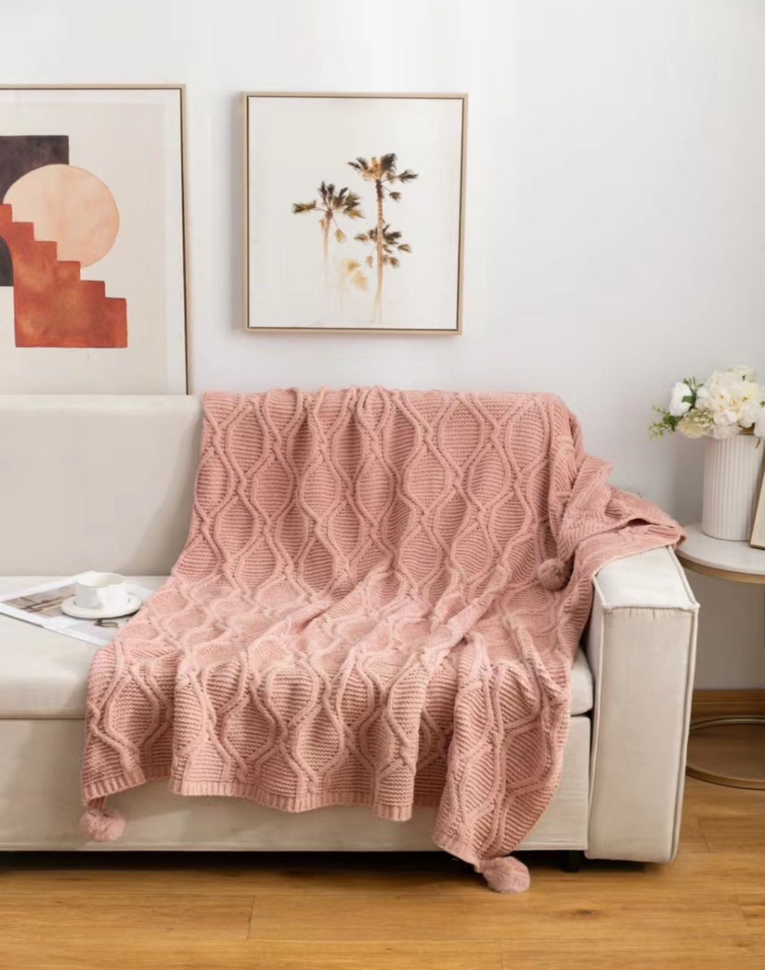 MANTA SUAVE POMPONES ESTILO COMODIDAD D4 ROSA - 3