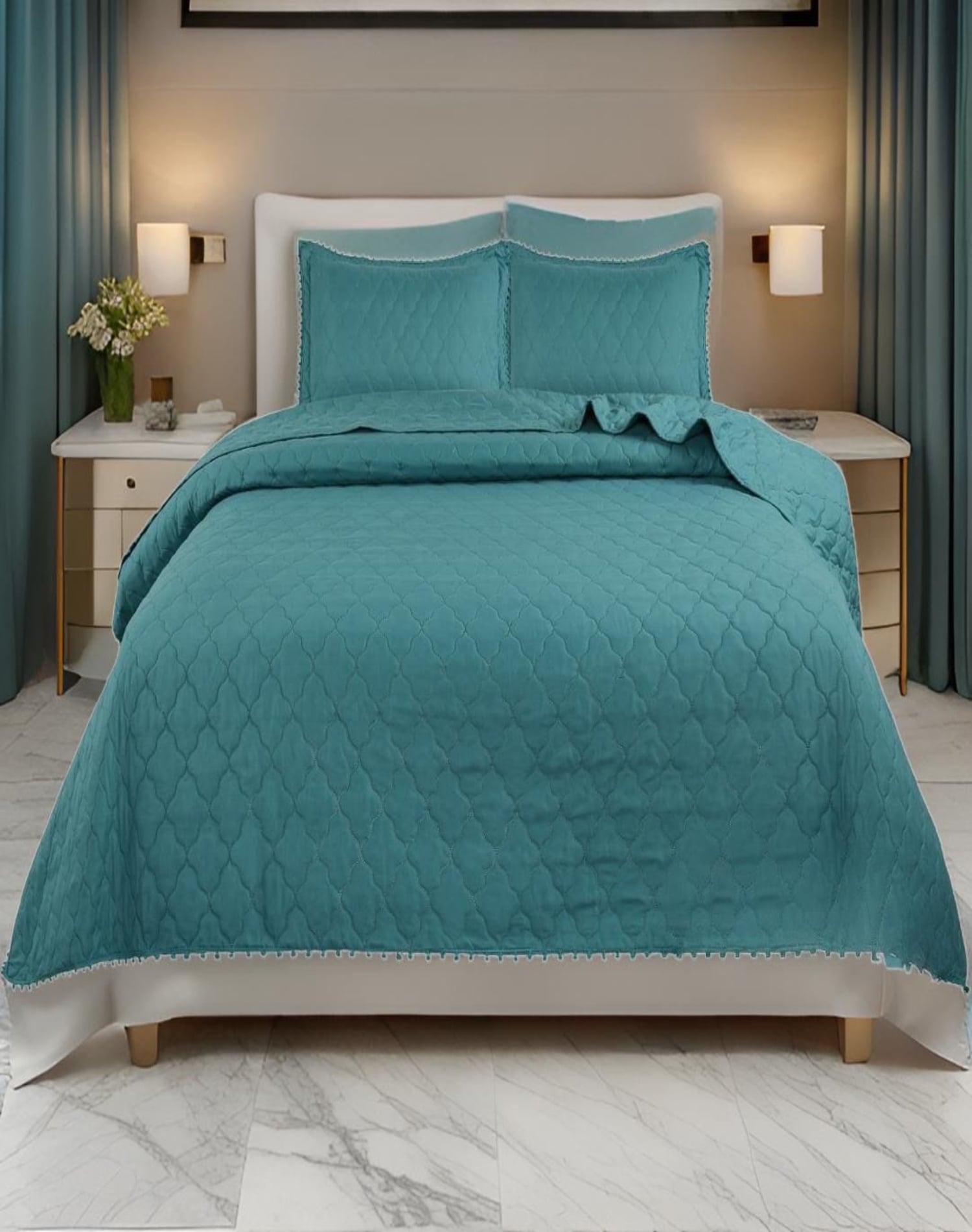 CUBRECAMA TURQUESA QUILT 2 PLAZAS CON POMPONES C4 - 3
