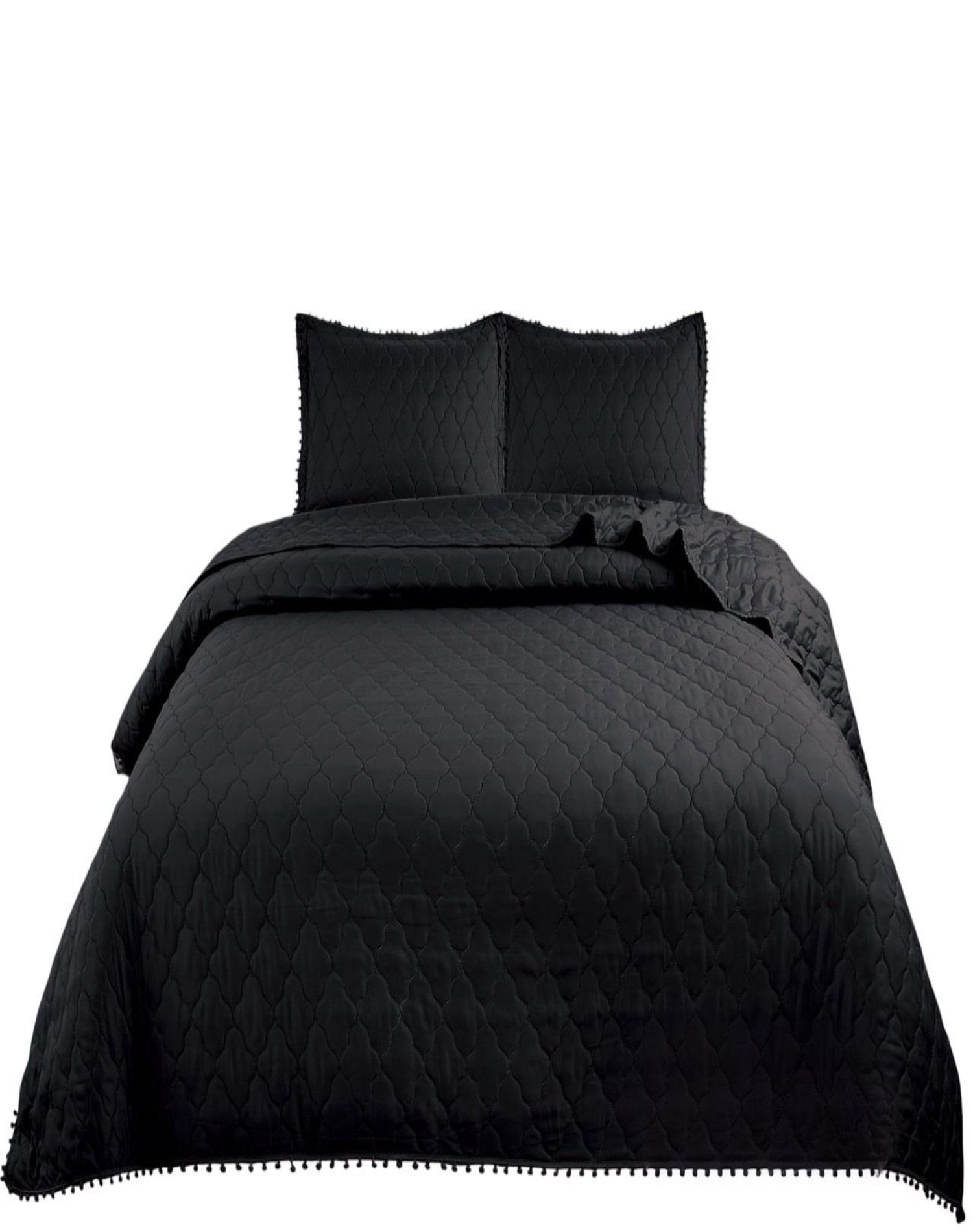 CUBRECAMA NEGRO QUILT 2 PLAZAS CON POMPONES C3 - 1