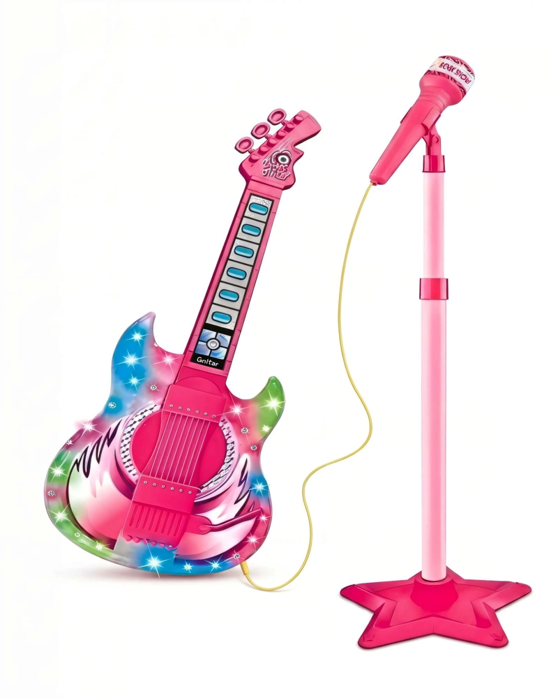 SET DE GUITARRA CON MICROFONO Y PEDESTAL CON LUCES LED COLOR ROSADO - 1