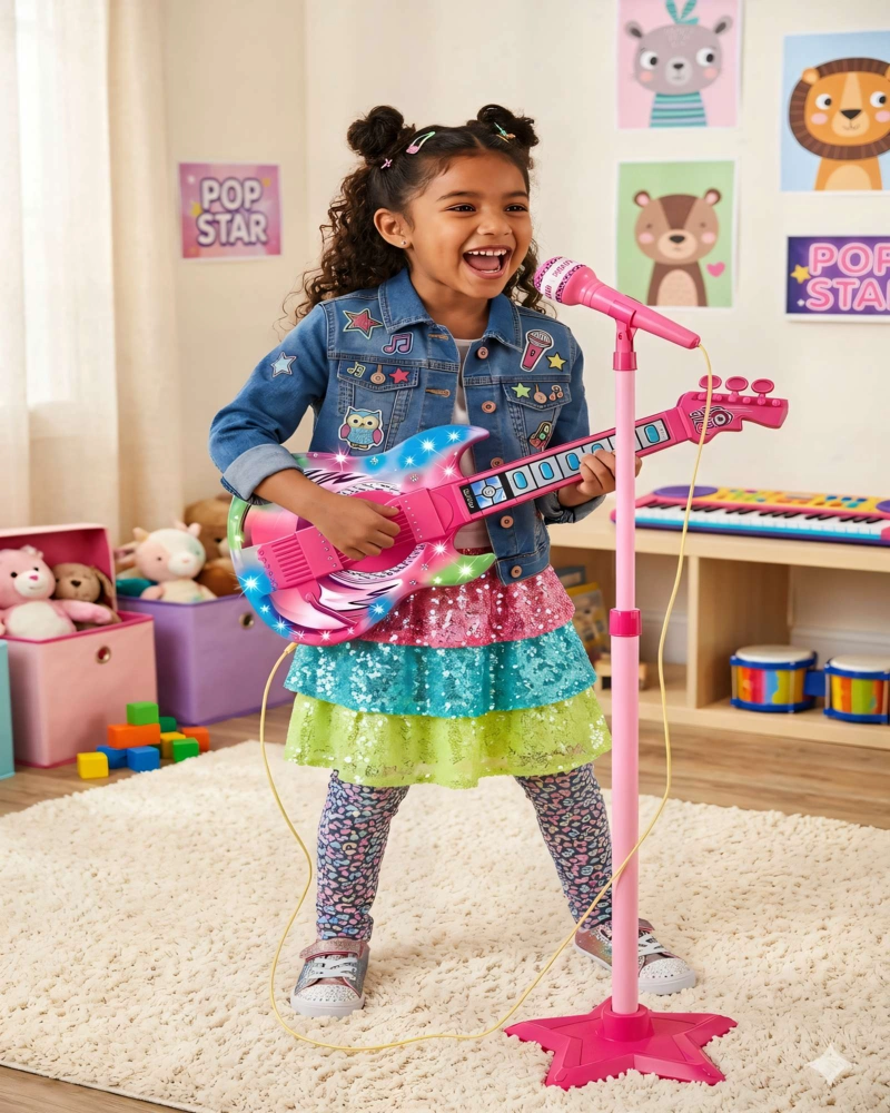 SET DE GUITARRA CON MICROFONO Y PEDESTAL CON LUCES LED COLOR ROSADO - 3