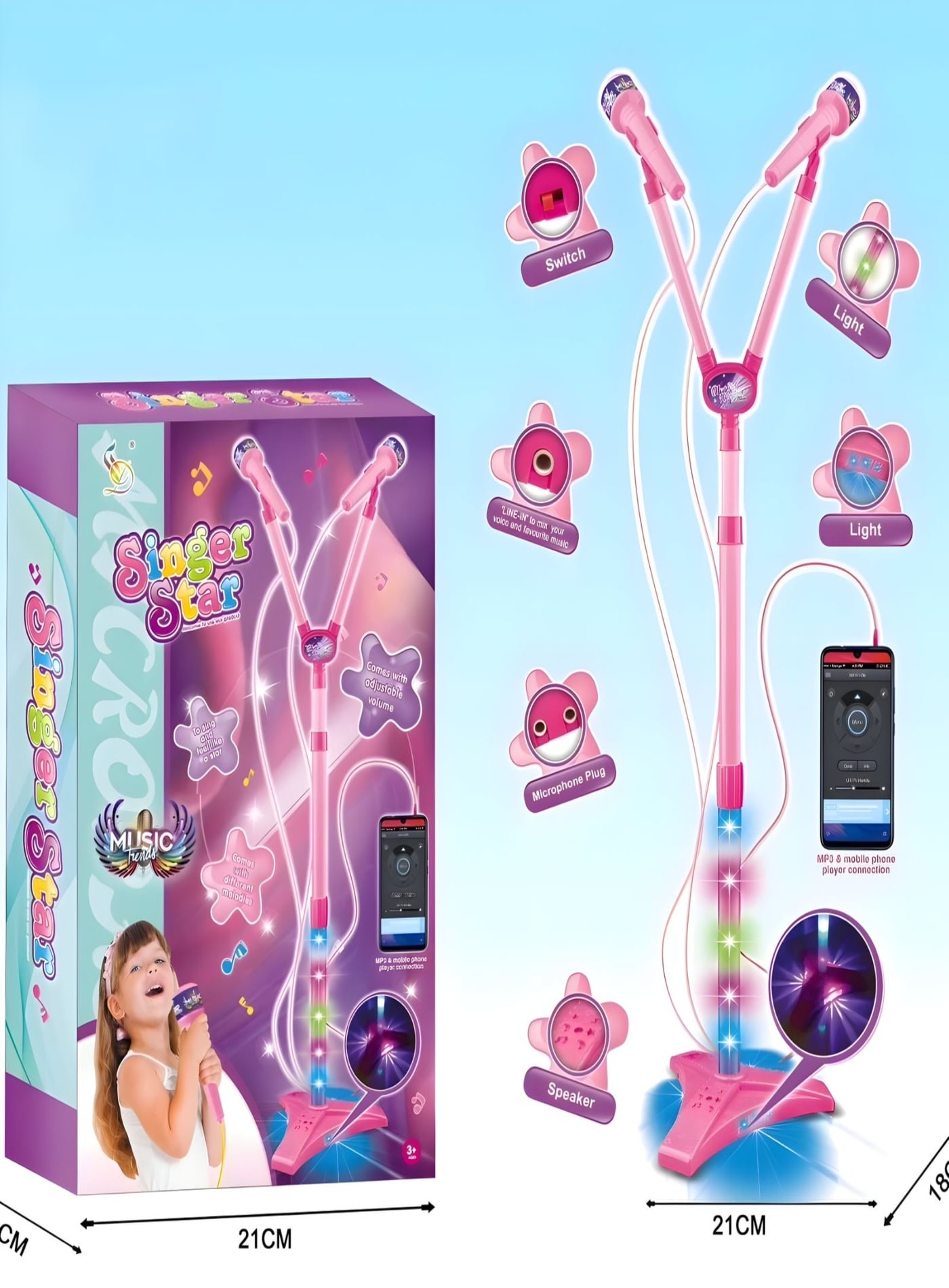JUGUETE MICRÓFONO KARAOKE PEDESTAL LUCES MP3 27N2 - 3
