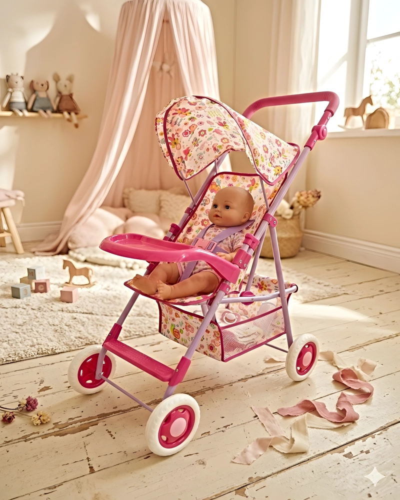 COCHE SIMPLE PARA MUÑECAS METALICO GRANDE ROSADO - 3