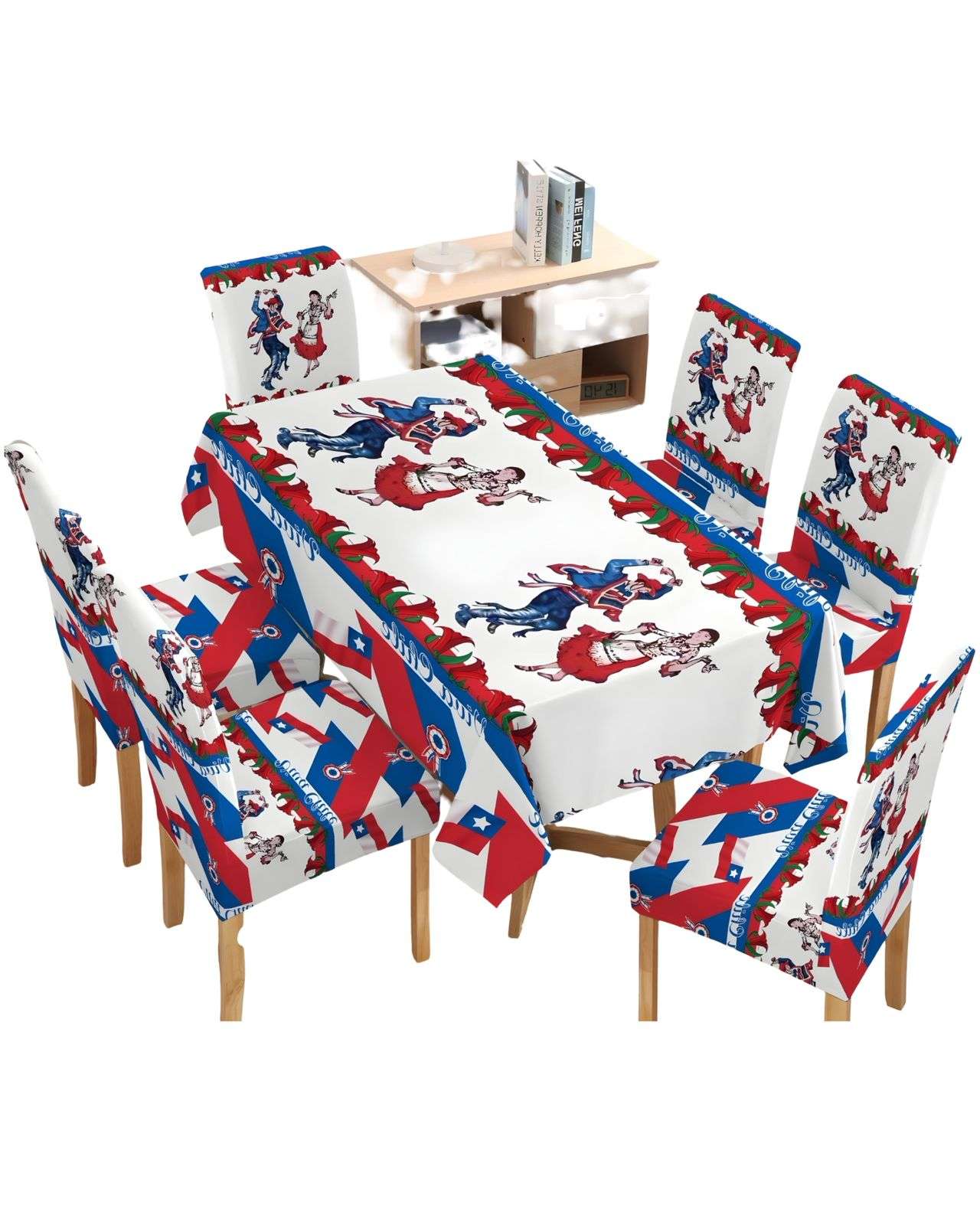 MANTEL FIESTAS PATRIAS DE TELA CON FUNDAS DE SILLAS ELASTICADAS M6 - 1
