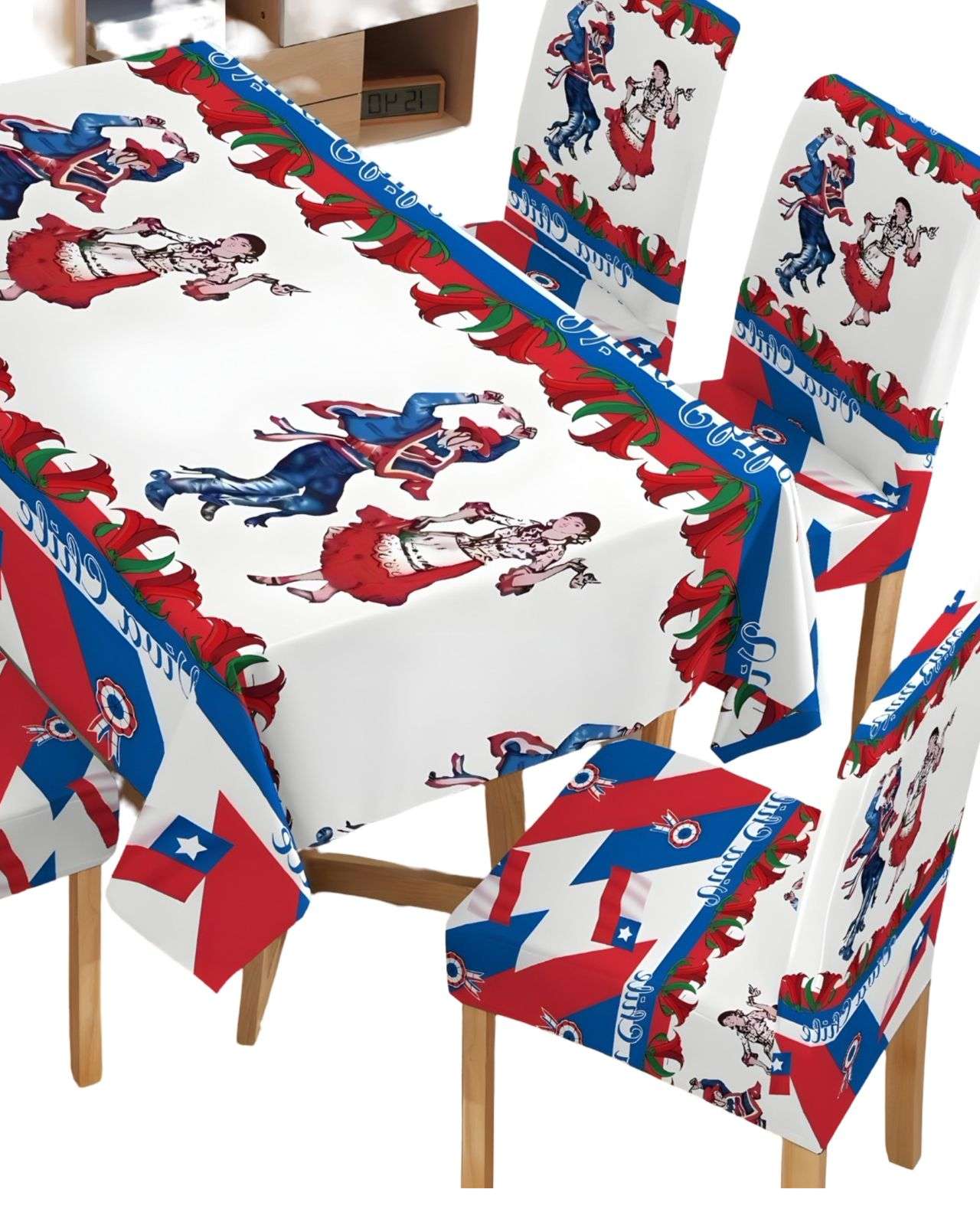 MANTEL FIESTAS PATRIAS DE TELA CON FUNDAS DE SILLAS ELASTICADAS M6 - 2