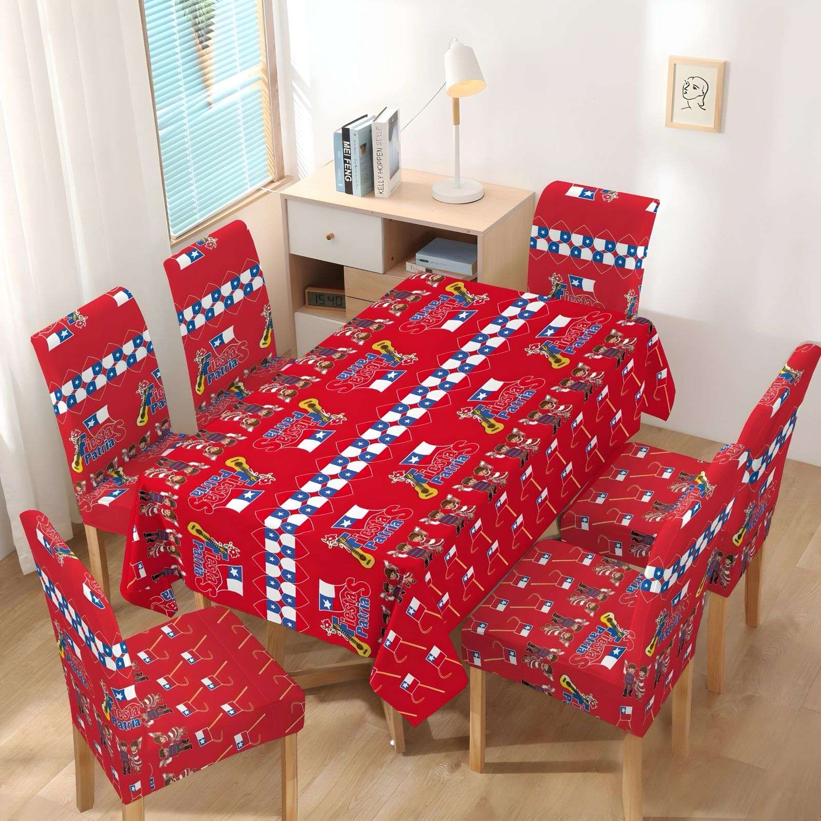 MANTEL FIESTAS PATRIAS DE TELA CON FUNDAS DE SILLAS ELASTICADAS M1 - 4