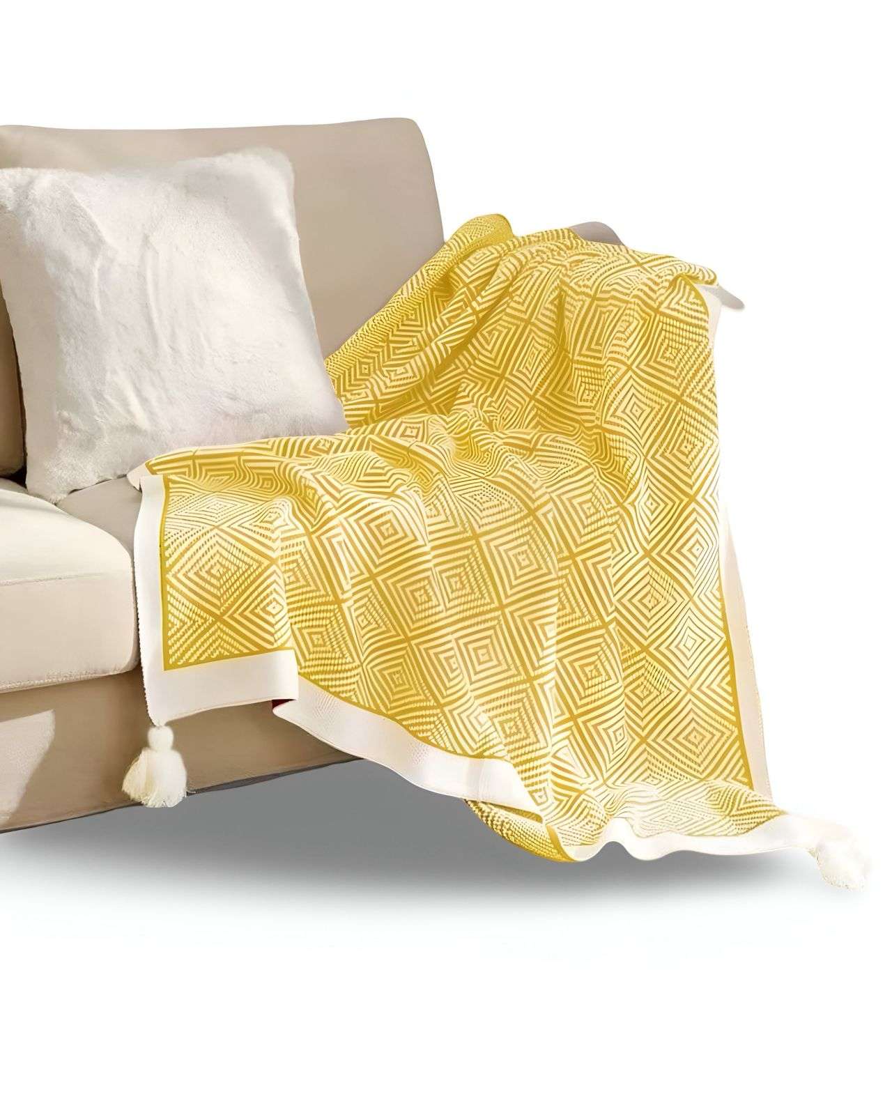 MANTA MULTIUSOS CON POMPON 130X150 CM AMARILLO - 1