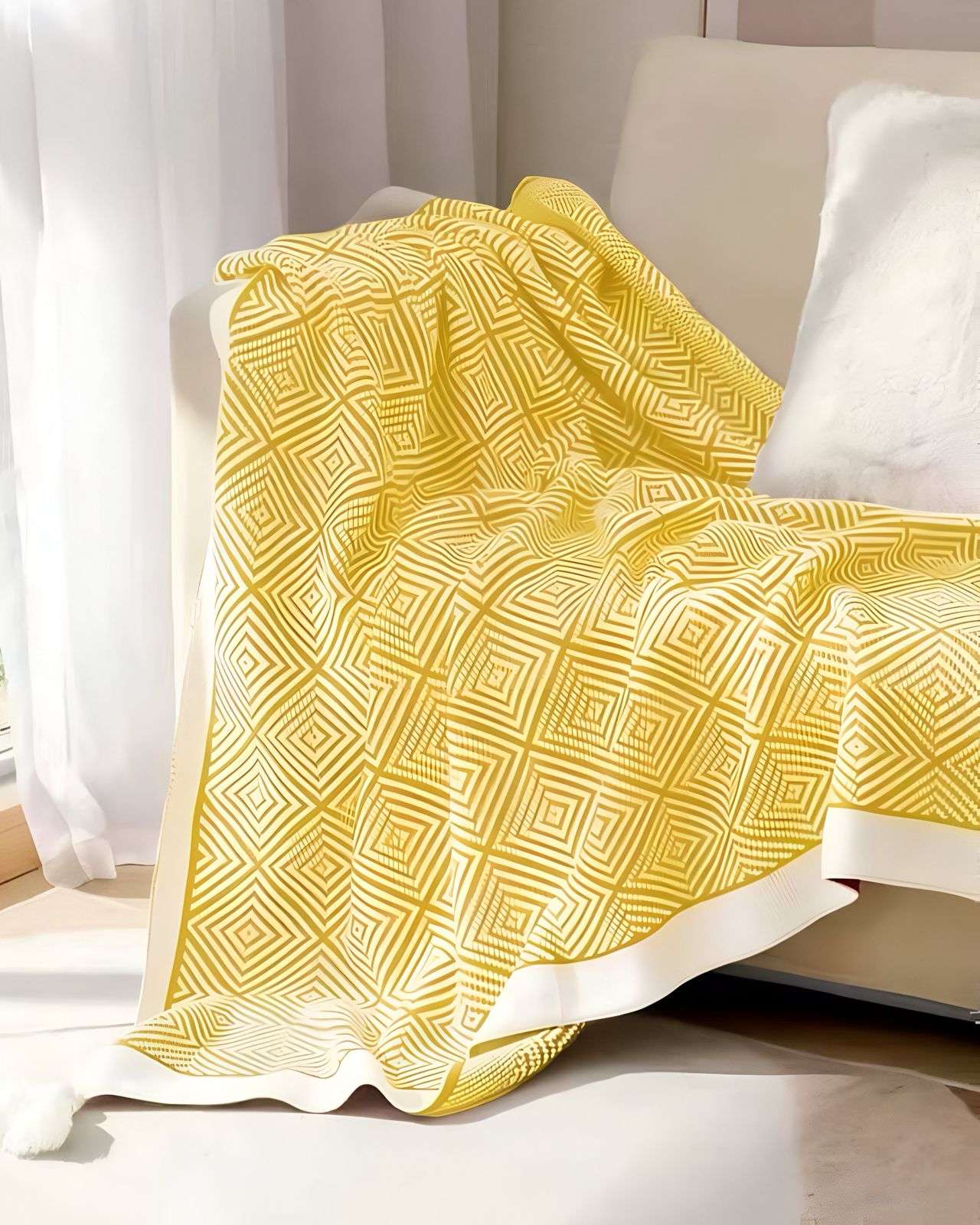 MANTA MULTIUSOS CON POMPON 130X150 CM AMARILLO - 4