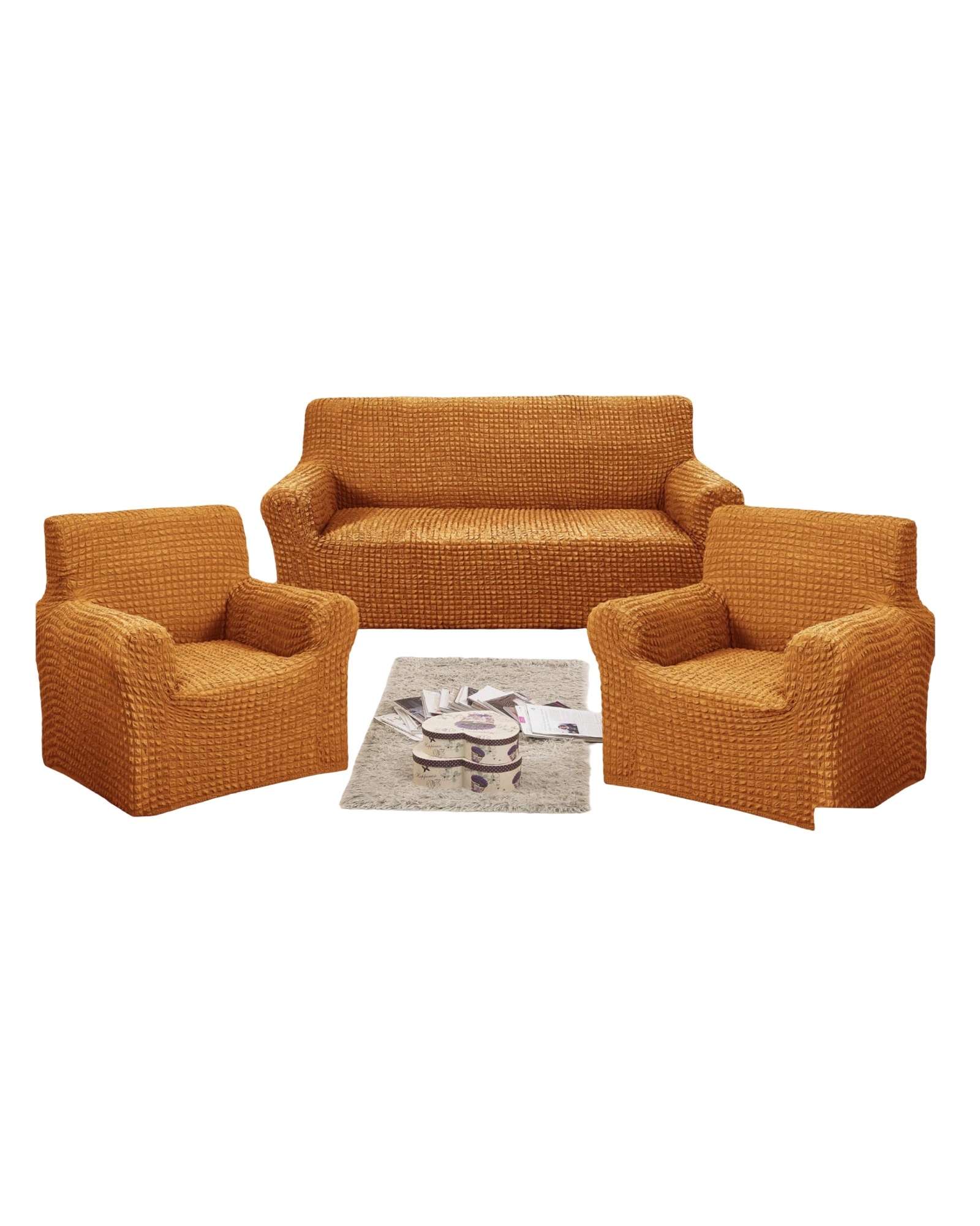 SET DE FUNDAS DE SOFA 3+1+1 - DISEÑO CUADRILLE MOSTAZA - 1