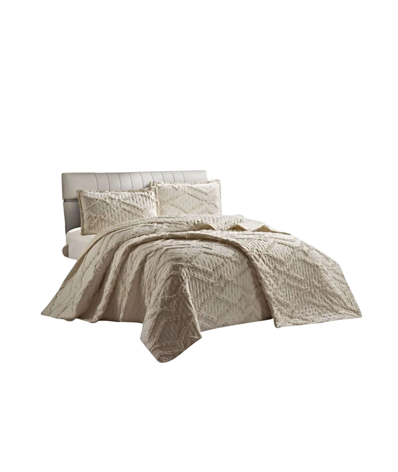 CUBRECAMA QUILT CON DISEÑO GEOMETRICO RELIEVE 2 PLAZAS BEIGE - 1