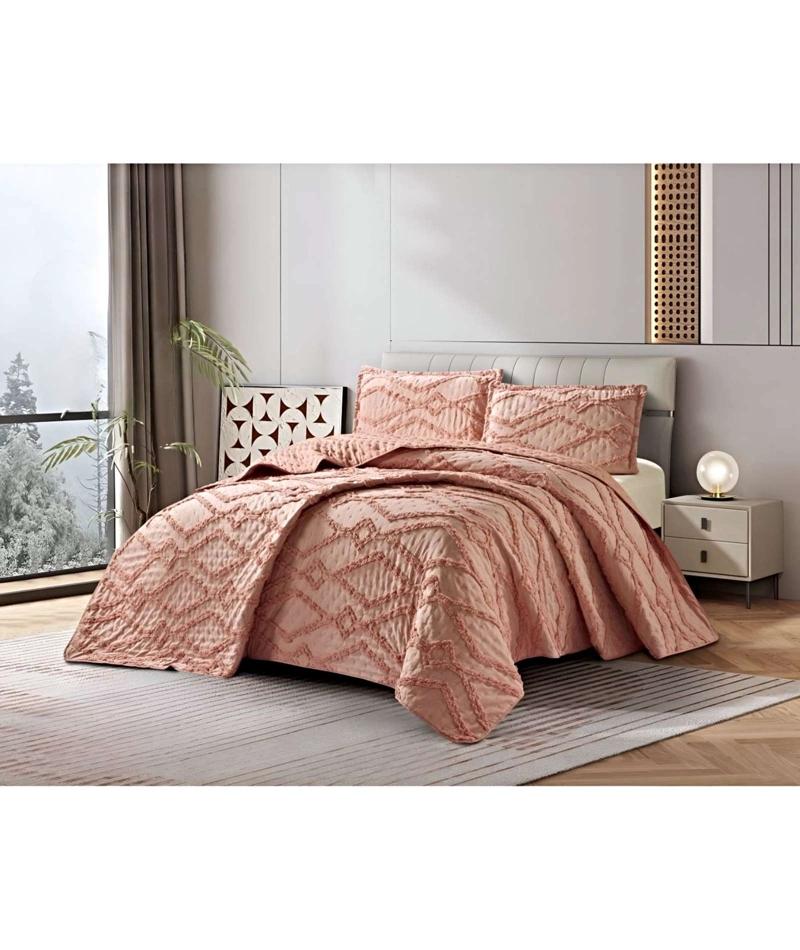 CUBRECAMA QUILT CON DISEÑO GEOMETRICO RELIEVE 2 PLAZAS ROSADO - 4