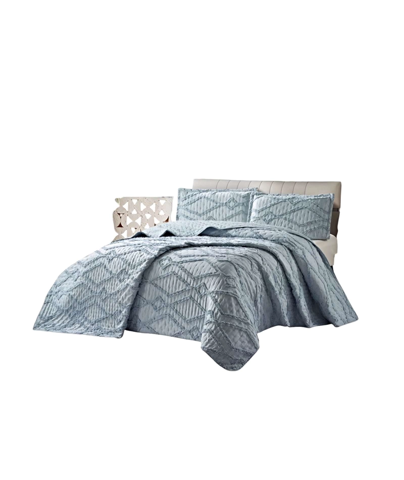 CUBRECAMA QUILT CON DISEÑO GEOMETRICO RELIEVE PLAZA Y MEDIA AZUL - 2