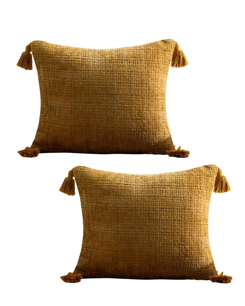 SET DE 2 FUNDAS DE COJIN CHENILLE CON BORLAS 45X45 AMARILLO - 1